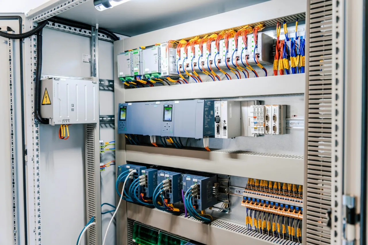 Quadro di automazione industriale con componenti e collegamenti ordinati