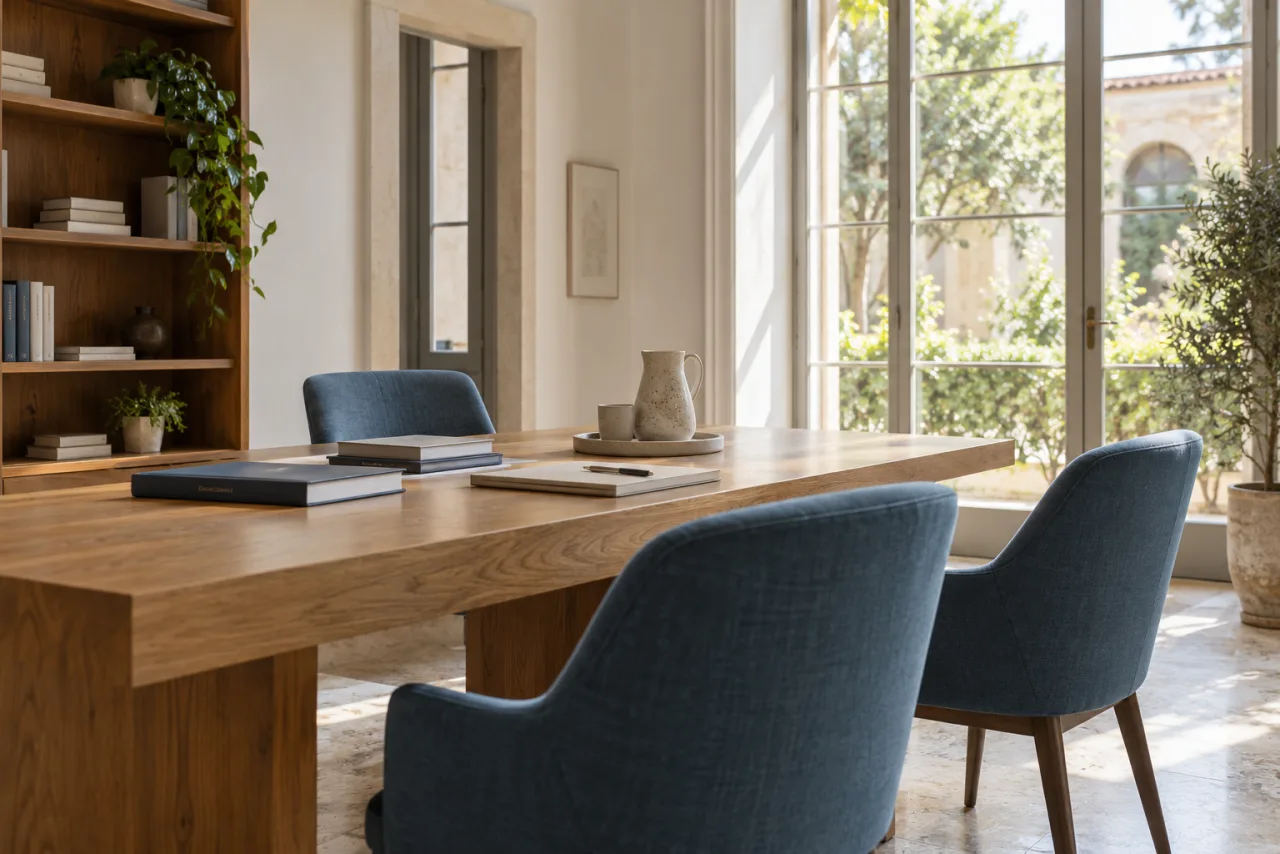 Un tavolo di consulenza in legno chiaro, sedie blu e luce naturale in uno studio professionale